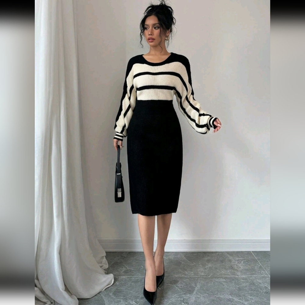 Women's Elegant Knitted Sweater Dress With Round Neck, Long Sleeves, Striped, Dr - Picture 3 of 6